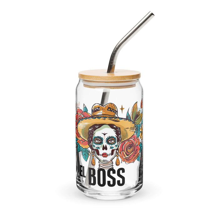 El Boss Exclusive Art Piece Can-Shaped Glass Home Office Work Mexican Spanish Pride Gift Cup One-Of-A-Kind Calligraphy Glass | E7 Mexicada 16 oz With Lid & Straw