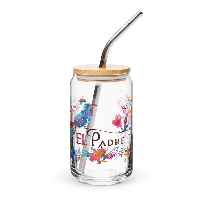 El Padre Exclusive Art Piece Can-Shaped Glass Home Office Work Mexican Spanish Pride Gift Cup One-Of-A-Kind Calligraphy Glass | E7 Mexicada 16 oz With Lid & Straw