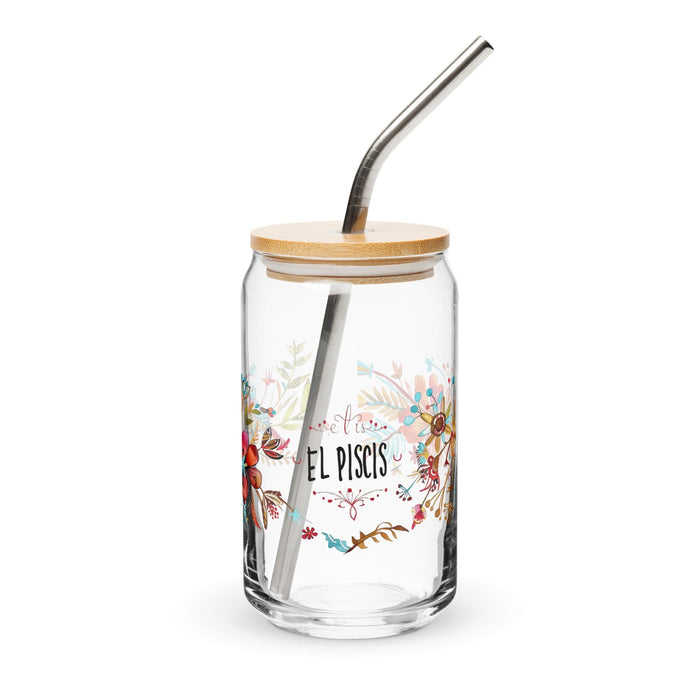 El Piscis Exclusive Art Piece Can-Shaped Glass Home Office Work Mexican Spanish Pride Gift Cup One-Of-A-Kind Calligraphy Glass | E6 Mexicada 16 oz With Lid & Straw