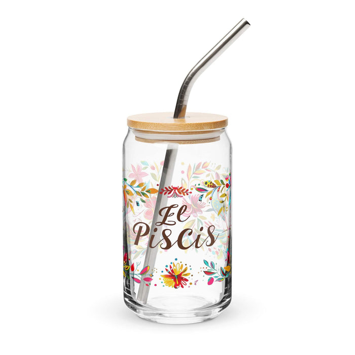 El Piscis Exclusive Art Piece Can-Shaped Glass Home Office Work Mexican Spanish Pride Gift Cup One-Of-A-Kind Calligraphy Glass | E8 Mexicada 16 oz With Lid & Straw