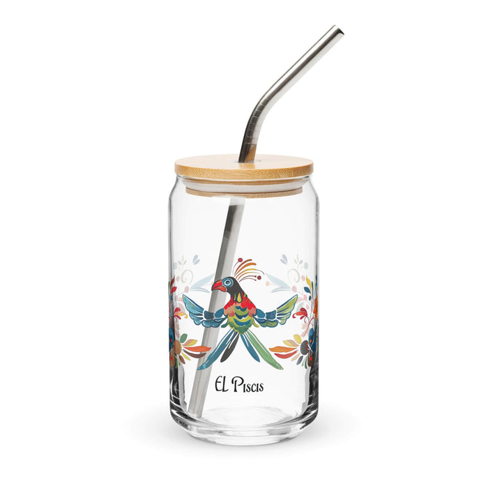 El Piscis Exclusive Art Piece Can-Shaped Glass Home Office Work Mexican Spanish Pride Gift Cup One-Of-A-Kind Calligraphy Glass | E13 Mexicada 16 oz With Lid & Straw