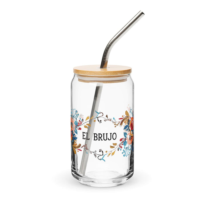 El Brujo Exclusive Art Piece Can-Shaped Glass Home Office Work Mexican Spanish Pride Gift Cup One-Of-A-Kind Calligraphy Glass | E4 Mexicada 16 oz With Lid & Straw