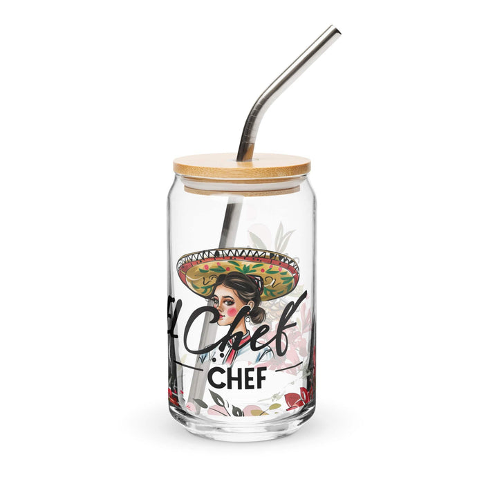 El Chef Exclusive Art Piece Can-Shaped Glass Home Office Work Mexican Spanish Pride Gift Cup One-Of-A-Kind Calligraphy Glass | E3 Mexicada 16 oz With Lid & Straw