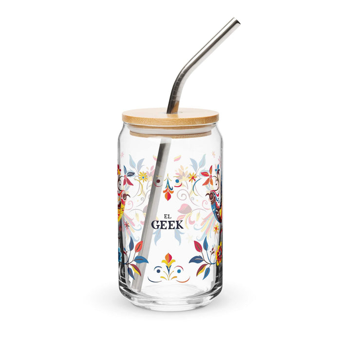 El Geek Exclusive Art Piece Can-Shaped Glass Home Office Work Mexican Spanish Pride Gift Cup One-Of-A-Kind Calligraphy Glass | E2 Mexicada 16 oz With Lid & Straw