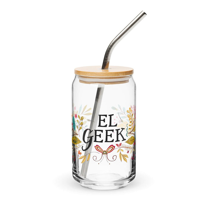 El Geek Exclusive Art Piece Can-Shaped Glass Home Office Work Mexican Spanish Pride Gift Cup One-Of-A-Kind Calligraphy Glass | E8 Mexicada 16 oz With Lid & Straw