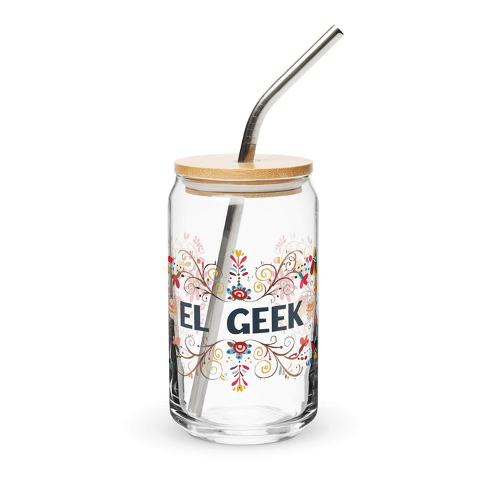 El Geek Exclusive Art Piece Can-Shaped Glass Home Office Work Mexican Spanish Pride Gift Cup One-Of-A-Kind Calligraphy Glass | E11 Mexicada 16 oz With Lid & Straw