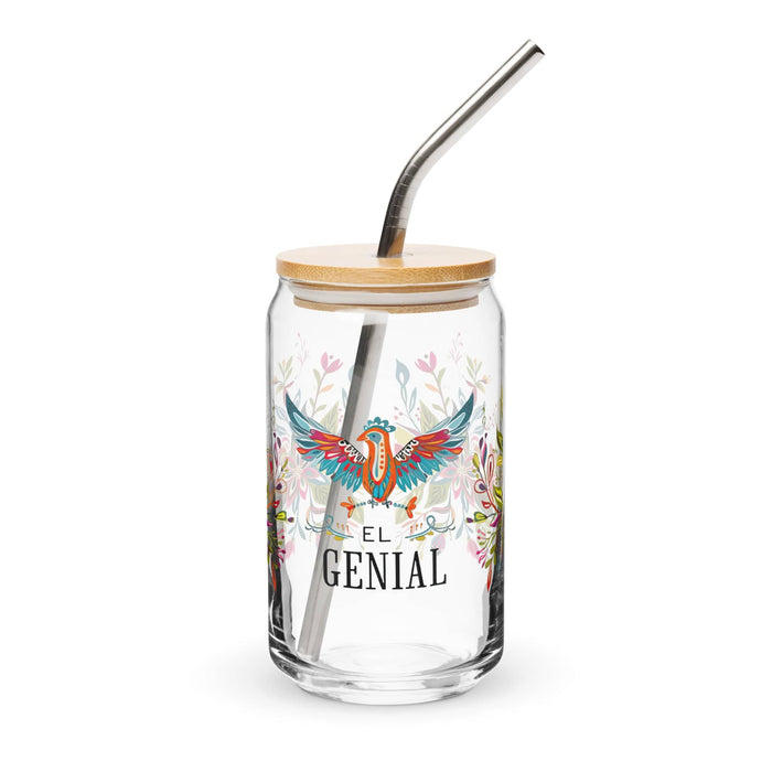 El Genial Exclusive Art Piece Can-Shaped Glass Home Office Work Mexican Spanish Pride Gift Cup One-Of-A-Kind Calligraphy Glass | E1 Mexicada 16 oz With Lid & Straw