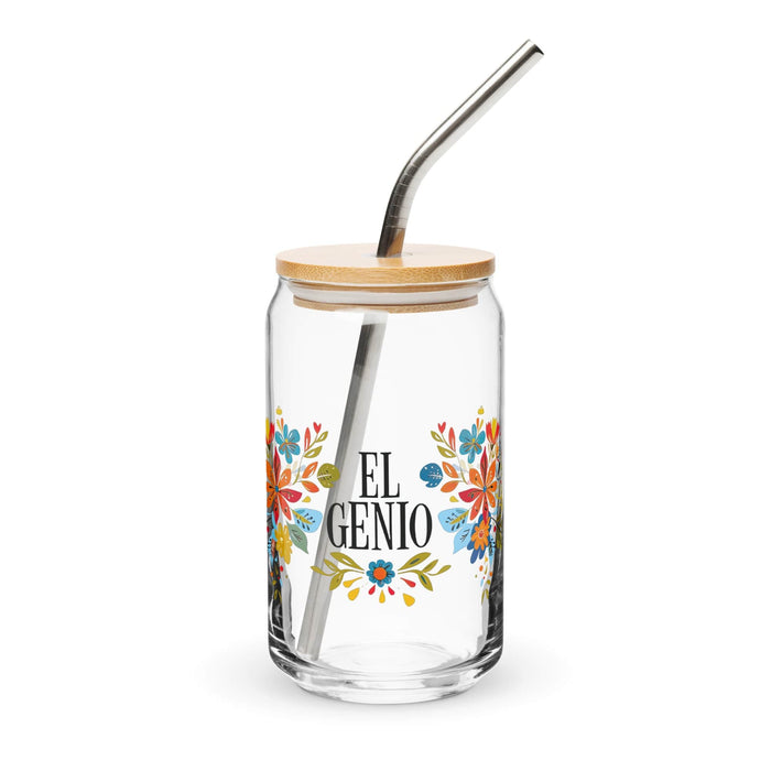 El Genio Exclusive Art Piece Can-Shaped Glass Home Office Work Mexican Spanish Pride Gift Cup One-Of-A-Kind Calligraphy Glass | E4 Mexicada 16 oz With Lid & Straw