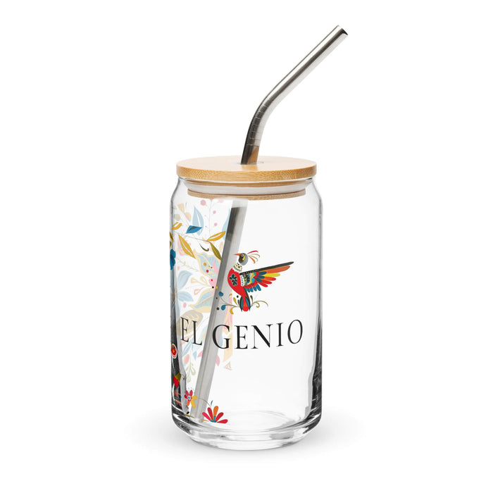 El Genio Exclusive Art Piece Can-Shaped Glass Home Office Work Mexican Spanish Pride Gift Cup One-Of-A-Kind Calligraphy Glass | E11 Mexicada 16 oz With Lid & Straw