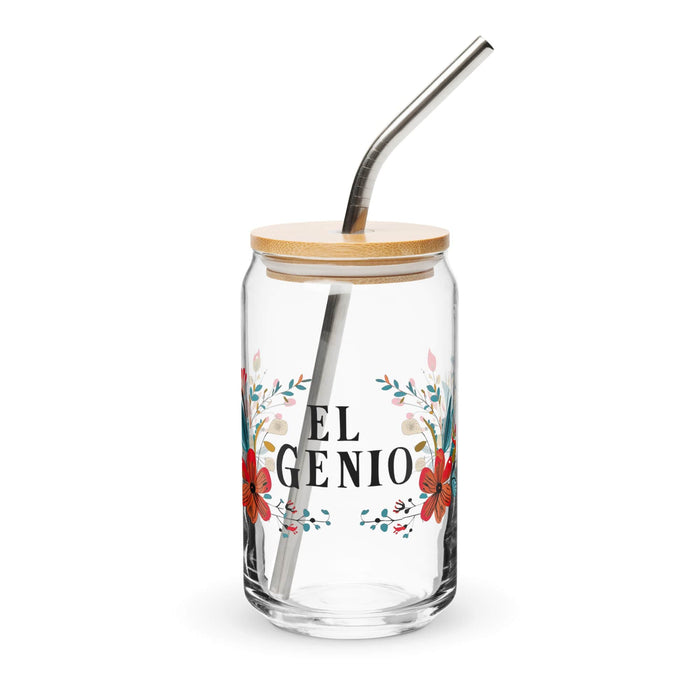 El Genio Exclusive Art Piece Can-Shaped Glass Home Office Work Mexican Spanish Pride Gift Cup One-Of-A-Kind Calligraphy Glass | E15 Mexicada 16 oz With Lid & Straw