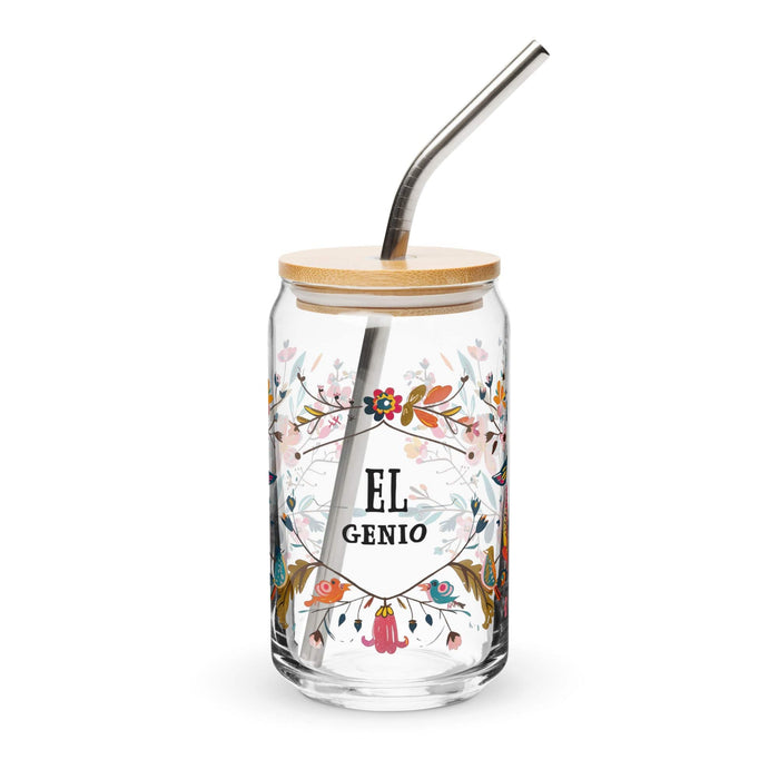 El Genio Exclusive Art Piece Can-Shaped Glass Home Office Work Mexican Spanish Pride Gift Cup One-Of-A-Kind Calligraphy Glass | E17 Mexicada 16 oz With Lid & Straw