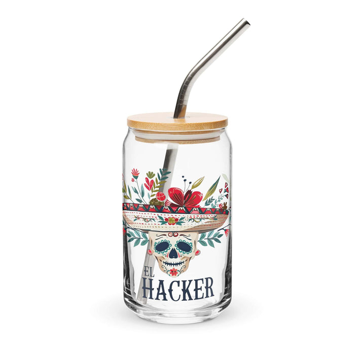 El Hacker Exclusive Art Piece Can-Shaped Glass Home Office Work Mexican Spanish Pride Gift Cup One-Of-A-Kind Calligraphy Glass | E3 Mexicada 16 oz With Lid & Straw