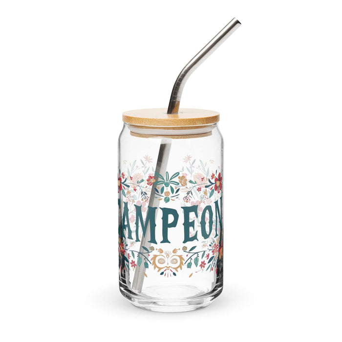 Campeón Exclusive Art Piece Can-Shaped Glass Home Office Work Mexican Spanish Pride Gift Cup One-Of-A-Kind Calligraphy Glass | C2 Mexicada 16 oz With Lid & Straw