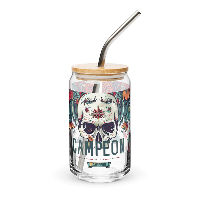 Campeón Exclusive Art Piece Can-Shaped Glass Home Office Work Mexican Spanish Pride Gift Cup One-Of-A-Kind Calligraphy Glass | C6 Mexicada 16 oz With Lid & Straw