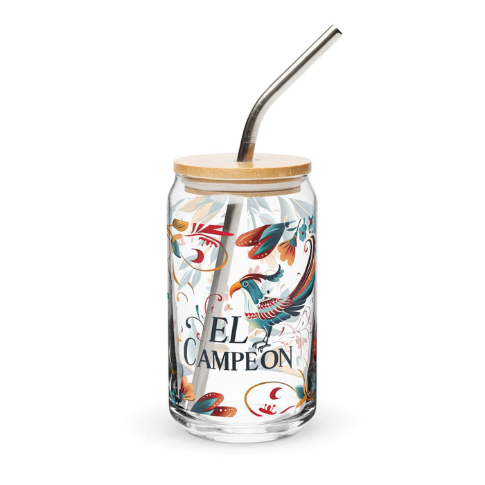 Campeón Exclusive Art Piece Can-Shaped Glass Home Office Work Mexican Spanish Pride Gift Cup One-Of-A-Kind Calligraphy Glass | C9 Mexicada 16 oz With Lid & Straw