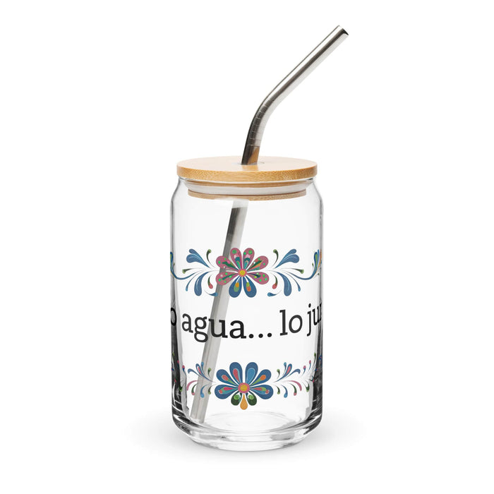 Solo Agua Lo Juro Exclusive Art Piece Can-Shaped Glass Home Office Work Mexican Spanish Pride Gift Cup One-Of-A-Kind Calligraphy Glass | S4 Mexicada 16 oz With Lid & Straw