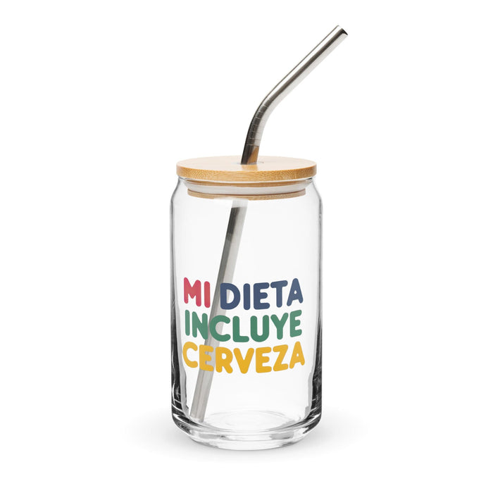 Mi Dieta Incluye Cerveza Exclusive Art Piece Can-Shaped Glass Home Office Work Mexican Spanish Pride Gift Cup One-Of-A-Kind Calligraphy Glass | M2 Mexicada 16 oz With Lid & Straw