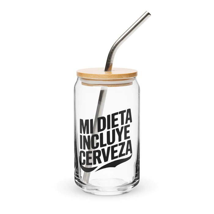 Mi Dieta Incluye Cerveza Exclusive Art Piece Can-Shaped Glass Home Office Work Mexican Spanish Pride Gift Cup One-Of-A-Kind Calligraphy Glass | M3 Mexicada 16 oz With Lid & Straw