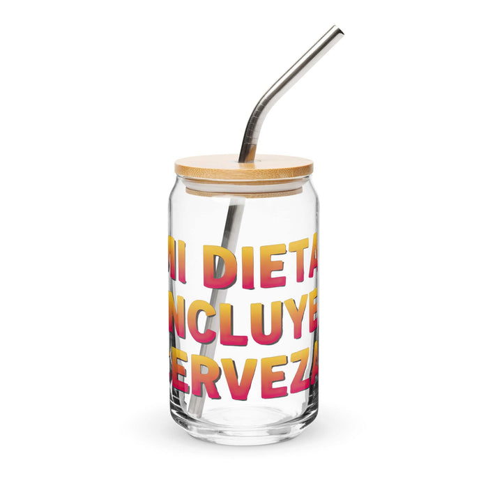 Mi Dieta Incluye Cerveza Exclusive Art Piece Can-Shaped Glass Home Office Work Mexican Spanish Pride Gift Cup One-Of-A-Kind Calligraphy Glass | M5 Mexicada 16 oz With Lid & Straw