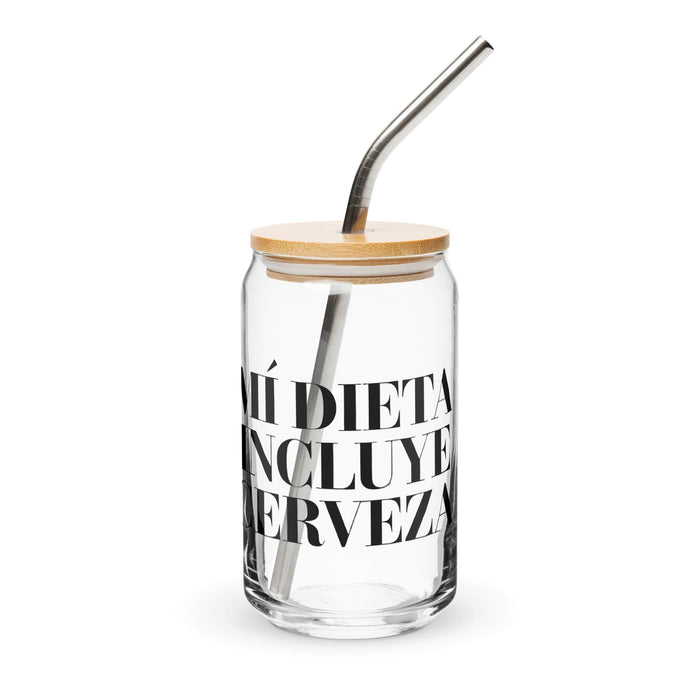 Mi Dieta Incluye Cerveza Exclusive Art Piece Can-Shaped Glass Home Office Work Mexican Spanish Pride Gift Cup One-Of-A-Kind Calligraphy Glass | M10 Mexicada 16 oz With Lid & Straw