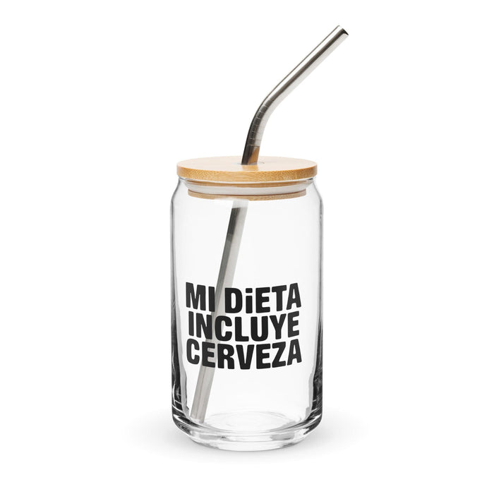 Mi Dieta Incluye Cerveza Exclusive Art Piece Can-Shaped Glass Home Office Work Mexican Spanish Pride Gift Cup One-Of-A-Kind Calligraphy Glass | M17 Mexicada 16 oz With Lid & Straw