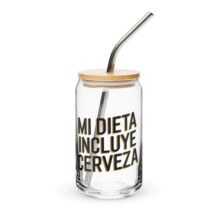 Mi Dieta Incluye Cerveza Exclusive Art Piece Can-Shaped Glass Home Office Work Mexican Spanish Pride Gift Cup One-Of-A-Kind Calligraphy Glass | M20 Mexicada 16 oz With Lid & Straw