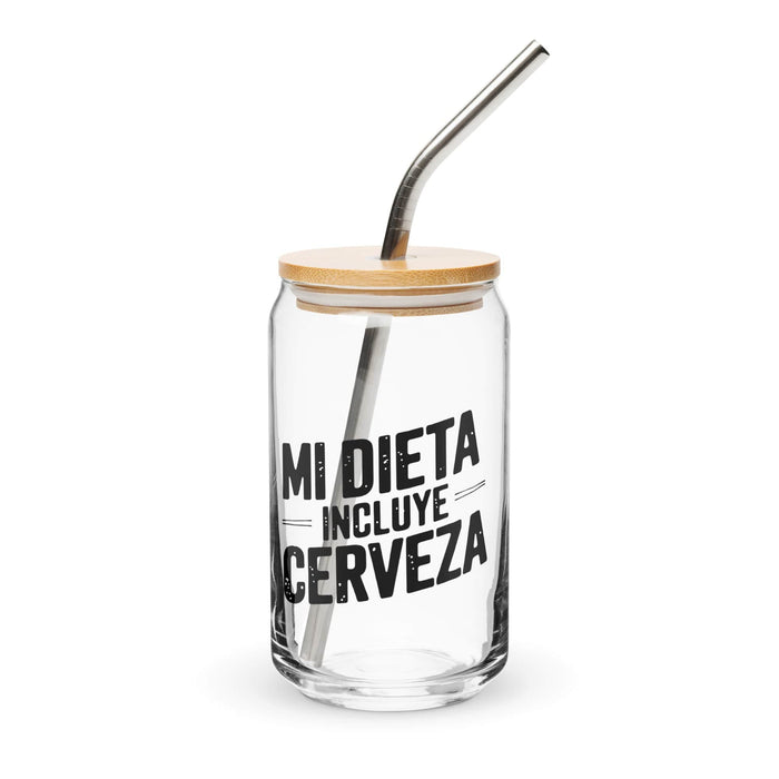 Mi Dieta Incluye Cerveza Exclusive Art Piece Can-Shaped Glass Home Office Work Mexican Spanish Pride Gift Cup One-Of-A-Kind Calligraphy Glass | M22 Mexicada 16 oz With Lid & Straw