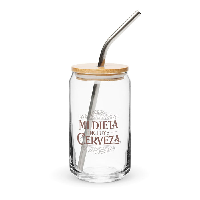 Mi Dieta Incluye Cerveza Exclusive Art Piece Can-Shaped Glass Home Office Work Mexican Spanish Pride Gift Cup One-Of-A-Kind Calligraphy Glass | M24 Mexicada 16 oz With Lid & Straw