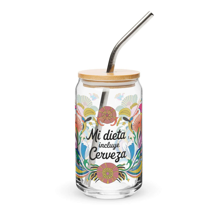 Mi Dieta Incluye Cerveza Exclusive Art Piece Can-Shaped Glass Home Office Work Mexican Spanish Pride Gift Cup One-Of-A-Kind Calligraphy Glass | M28 Mexicada 16 oz With Lid & Straw