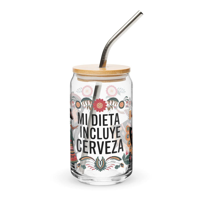 Mi Dieta Incluye Cerveza Exclusive Art Piece Can-Shaped Glass Home Office Work Mexican Spanish Pride Gift Cup One-Of-A-Kind Calligraphy Glass | M33 Mexicada 16 oz With Lid & Straw