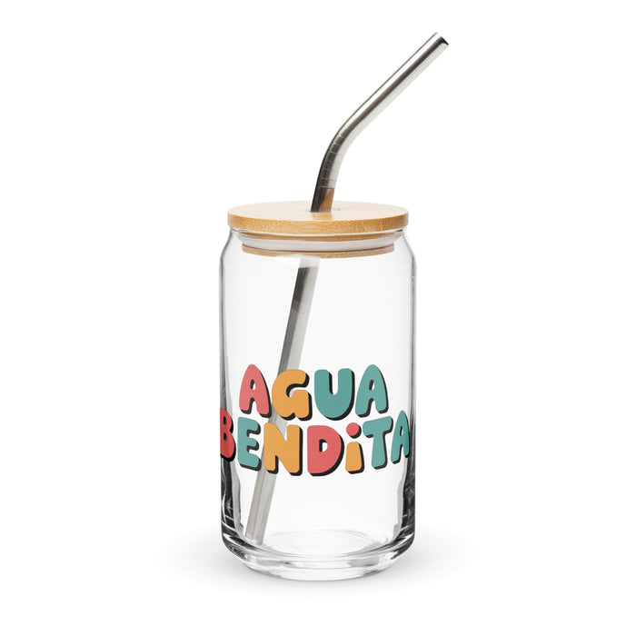 Agua Bendita Exclusive Art Piece Can-Shaped Glass Home Office Work Mexican Spanish Pride Gift Cup One-Of-A-Kind Calligraphy Glass | A6 Mexicada 16 oz With Lid & Straw