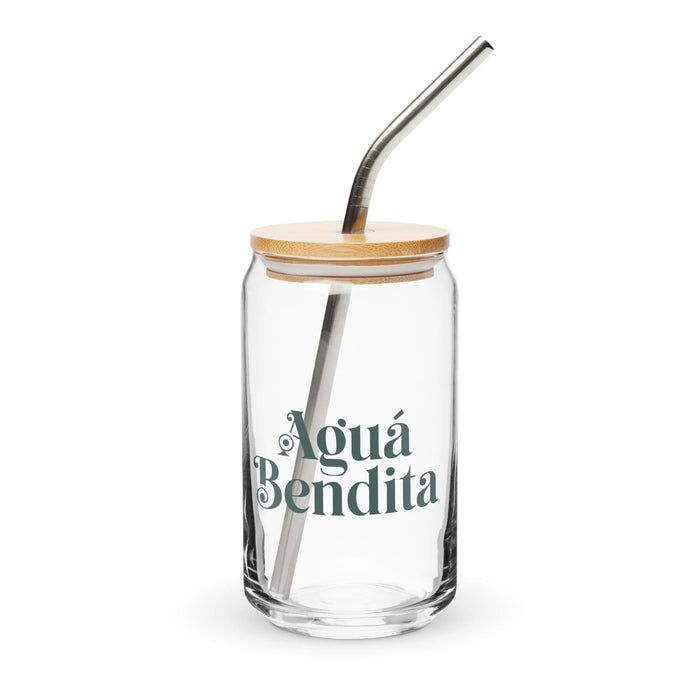 Agua Bendita Exclusive Art Piece Can-Shaped Glass Home Office Work Mexican Spanish Pride Gift Cup One-Of-A-Kind Calligraphy Glass | A7 Mexicada 16 oz With Lid & Straw