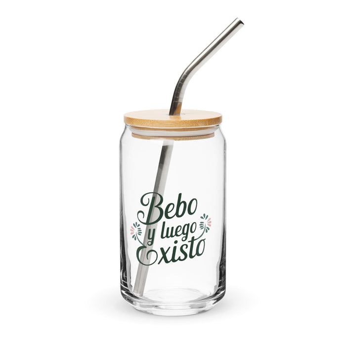 Bebo Y Luego Existo Exclusive Art Piece Can-Shaped Glass Home Office Work Mexican Spanish Pride Gift Cup One-Of-A-Kind Calligraphy Glass | B4 Mexicada 16 oz With Lid & Straw