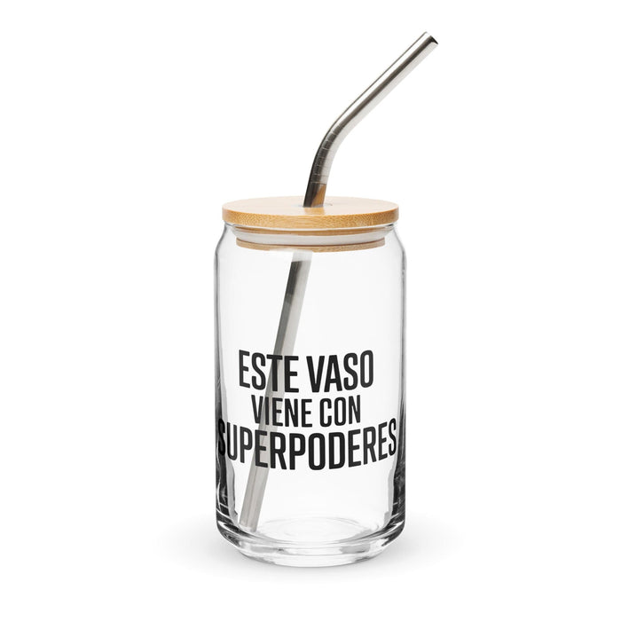 Este Vaso Viene Con Superpoderes Exclusive Art Piece Can-Shaped Glass Home Office Work Mexican Spanish Pride Gift Cup One-Of-A-Kind Calligraphy Glass | E3 Mexicada 16 oz With Lid & Straw