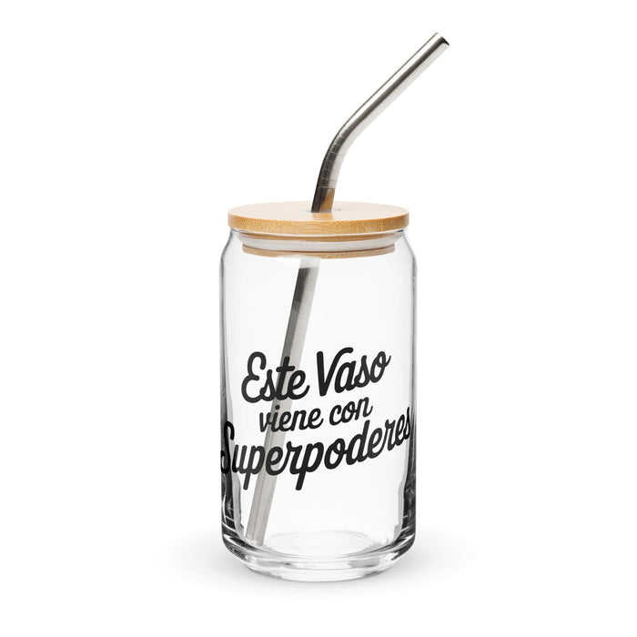 Este Vaso Viene Con Superpoderes Exclusive Art Piece Can-Shaped Glass Home Office Work Mexican Spanish Pride Gift Cup One-Of-A-Kind Calligraphy Glass | E12 Mexicada 16 oz With Lid & Straw