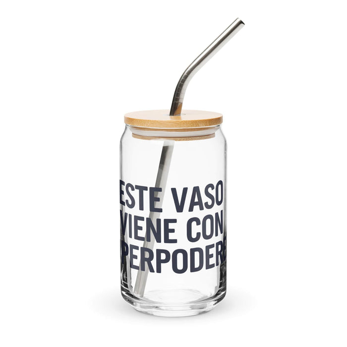 Este Vaso Viene Con Superpoderes Exclusive Art Piece Can-Shaped Glass Home Office Work Mexican Spanish Pride Gift Cup One-Of-A-Kind Calligraphy Glass | E15 Mexicada 16 oz With Lid & Straw