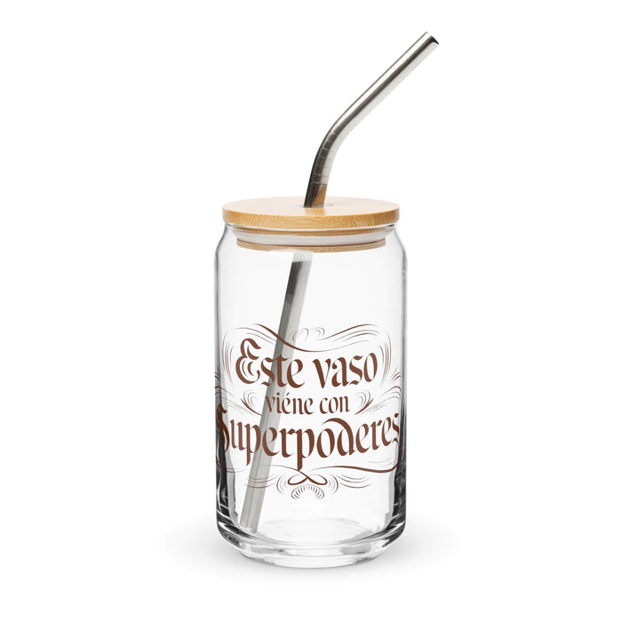 Este Vaso Viene Con Superpoderes Exclusive Art Piece Can-Shaped Glass Home Office Work Mexican Spanish Pride Gift Cup One-Of-A-Kind Calligraphy Glass | E21 Mexicada 16 oz With Lid & Straw