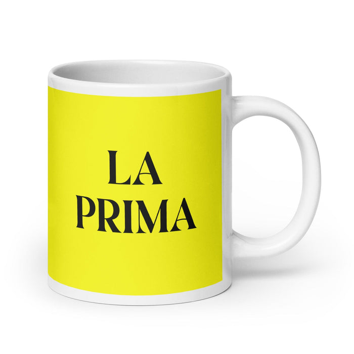 La Prima The Cousin (Female) / The Cousin (Male) Funny Home Office Work Coffee Mug Mexican Spanish Pride Gift White Glossy Cup Yellow Card Mug Mexicada 20 oz