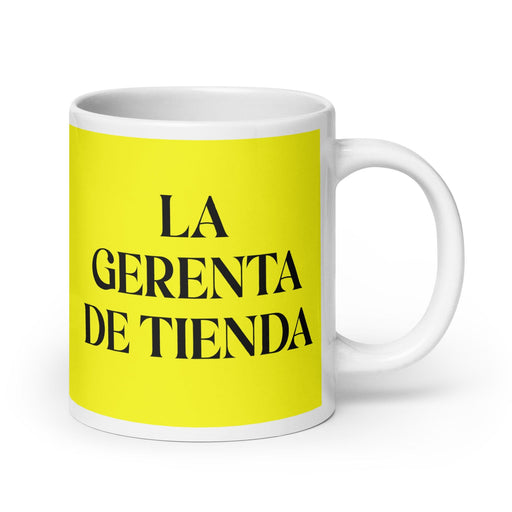 La Gerenta De Tienda The Store Manager Funny Home Office Work Coffee Mug Mexican Spanish Pride Gift White Glossy Cup Yellow Card Mug Mexicada 20 oz