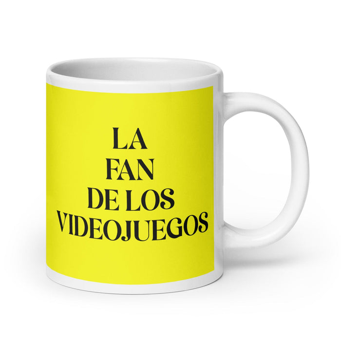 La Fan De Los Videojuegos The Video Game Fan Funny Home Office Work Coffee Mug Mexican Spanish Pride Gift White Glossy Cup Yellow Card Mug Mexicada 20 oz