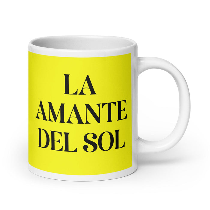 La Amante Del Sol The Sun Lover Funny Home Office Work Coffee Mug Mexican Spanish Pride Gift White Glossy Cup Yellow Card Mug Mexicada 20 oz