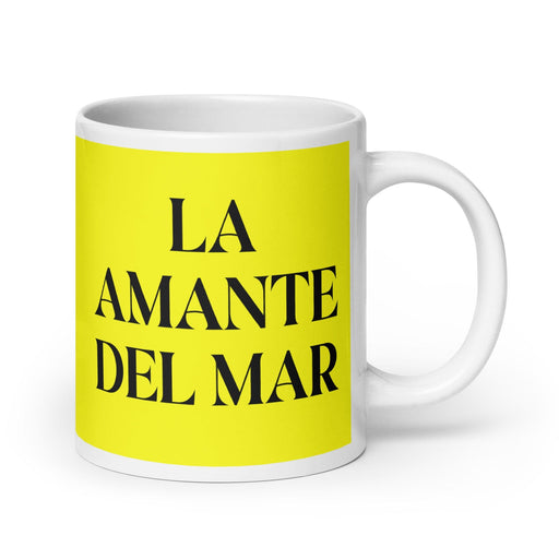 La Amante Del Mar The Sea Lover Funny Home Office Work Coffee Mug Mexican Spanish Pride Gift White Glossy Cup Yellow Card Mug Mexicada 20 oz