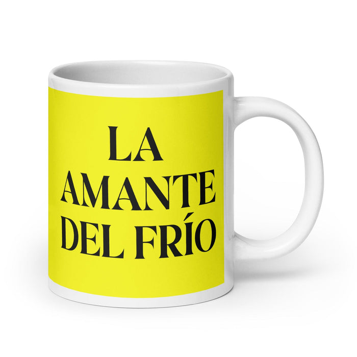 La Amante Del Frío The Cold Lover Funny Home Office Work Coffee Mug Mexican Spanish Pride Gift White Glossy Cup Yellow Card Mug Mexicada 20 oz