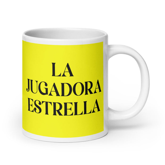 La Jugadora Estrella The Star Player Funny Home Office Work Coffee Mug Mexican Spanish Pride Gift White Glossy Cup Yellow Card Mug Mexicada 20 oz