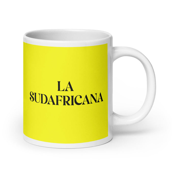 La Sudafricana The South African Funny Home Office Work Coffee Mug Mexican Spanish Pride Gift White Glossy Cup Yellow Card Mug Mexicada 20 oz