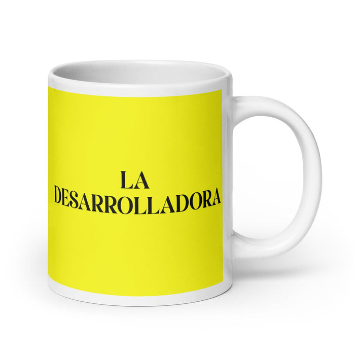 La Desarrolladora The Developer Funny Home Office Work Coffee Mug Mexican Spanish Pride Gift White Glossy Cup Yellow Card Mug Mexicada 20 oz