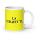 La Terapeuta The Therapist Funny Home Office Work Coffee Mug Mexican Spanish Pride Gift White Glossy Cup Yellow Card Mug Mexicada 20 oz