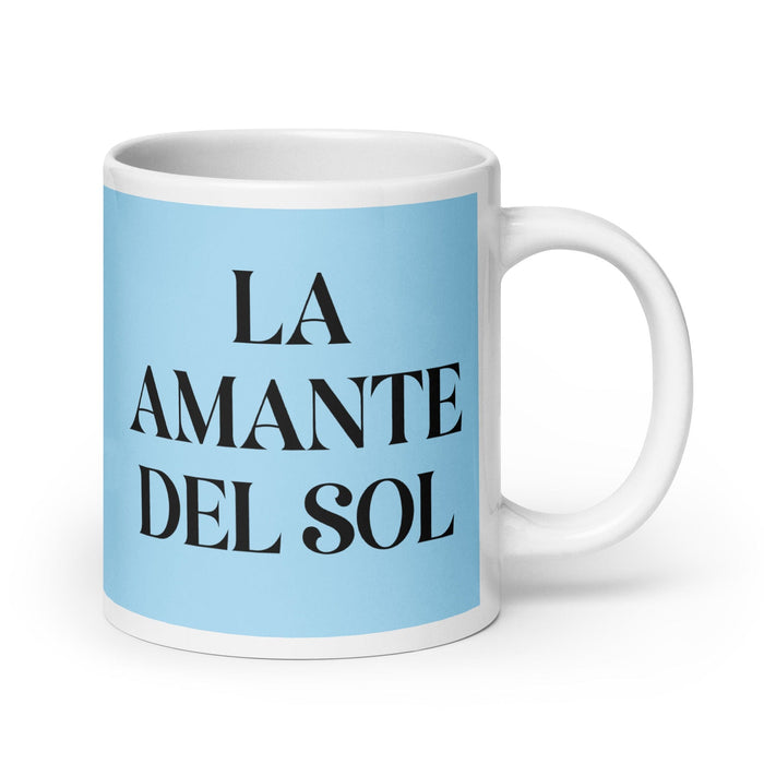 La Amante Del Sol The Sun Lover Funny Home Office Work Coffee Mug Mexican Spanish Pride Gift White Glossy Cup Sky Blue Card Mug Mexicada 20 oz