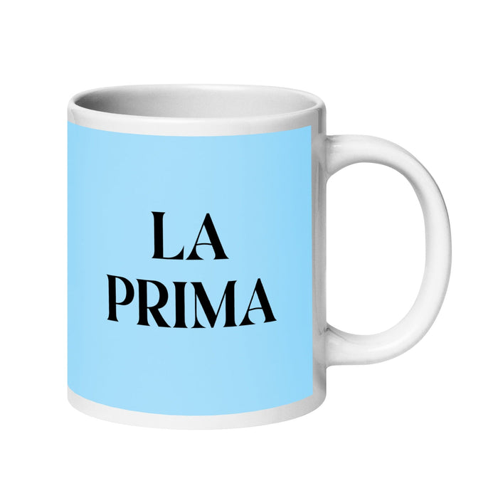 La Prima The Cousin (Female) / The Cousin (Male) Funny Home Office Work Coffee Mug Mexican Spanish Pride Gift White Glossy Cup Sky Blue Card Mug Mexicada 20 oz