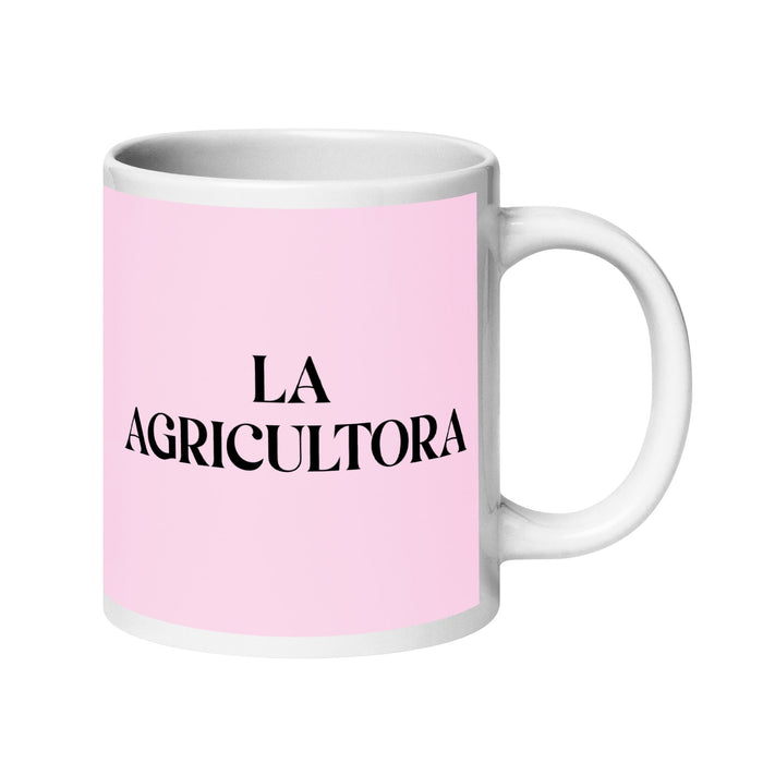 La Agricultora The Farmer Funny Home Office Work Coffee Mug Mexican Spanish Pride Gift White Glossy Cup Light Pink Card Mug Mexicada 20 oz